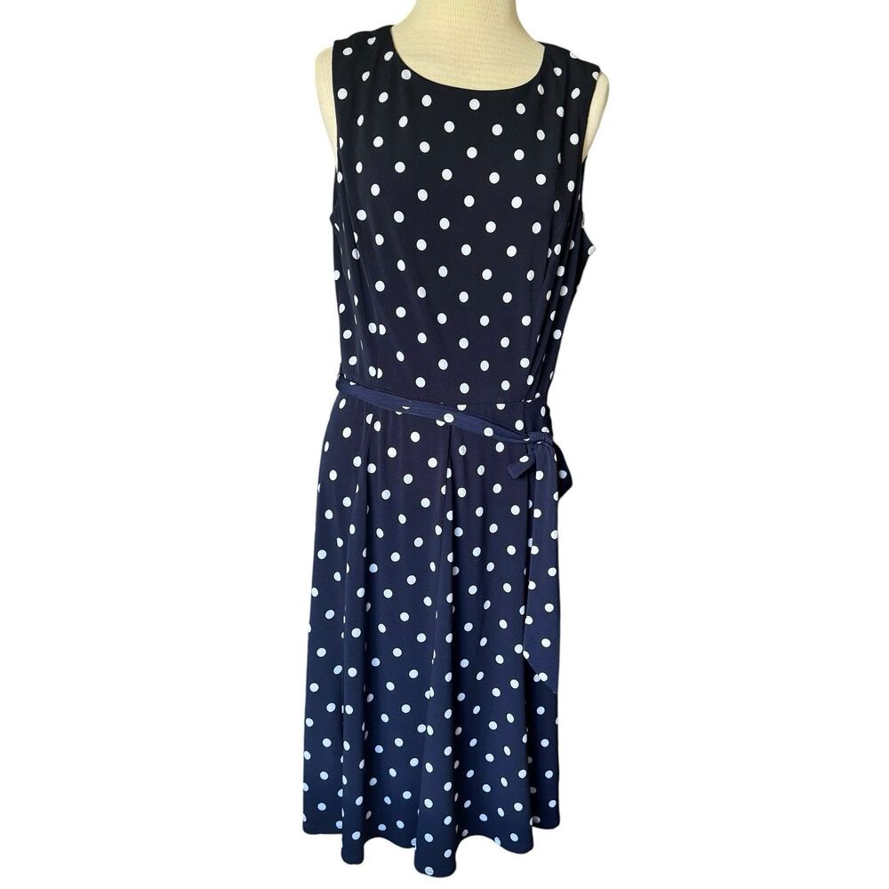 Christopher & Banks Polka Dot Navy Blue Midi Dress Fit Flare Sz 14 Rockabilly